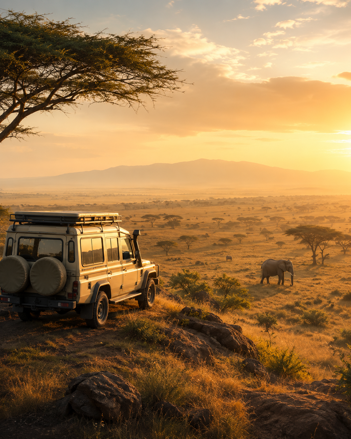 Luxury safari vehicle overlooking the East African savannah at sunrise.